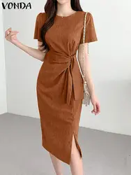 Women Elegant Midi Dress VONDA Summer Solid Color Short Sleeve Sundress Sexy Belts Party Vestidos Casual Loose Robe Oversized