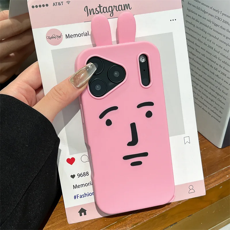 Kawaii ثلاثية الأبعاد مضحك الكرتون الوردي الرموز التعبيرية أرنب قضية الهاتف آيفون 17 16e 15 14 13 12 برو ماكس زائد لينة سيليكون غطاء مقاوم للصدمات