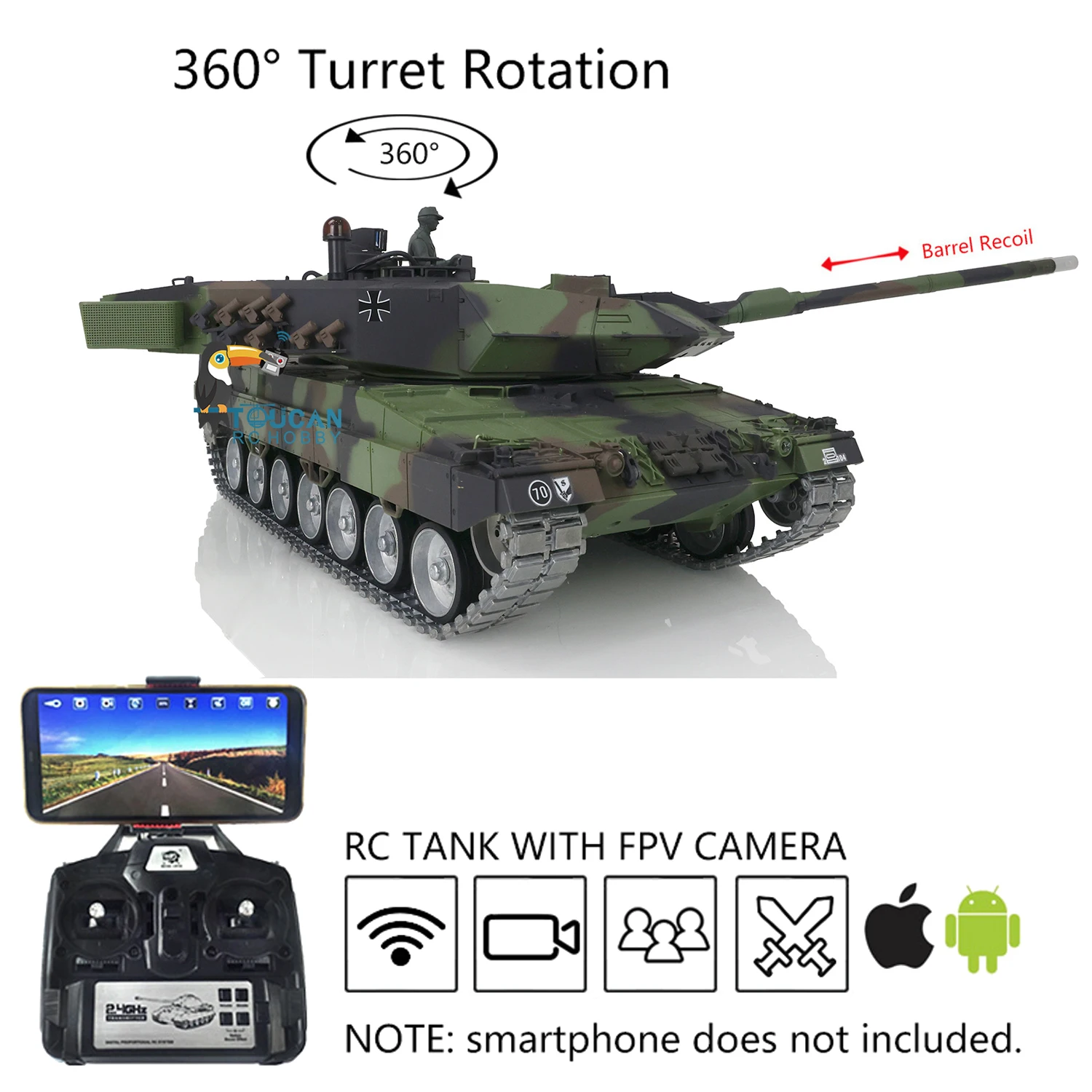 Heng Long 1/16 RC Tank 7.0 Customized Leopard2A6 Radio Control Tank 3889 Metalowe gąsienice FPV Recoil Vehicle Toys TH17595