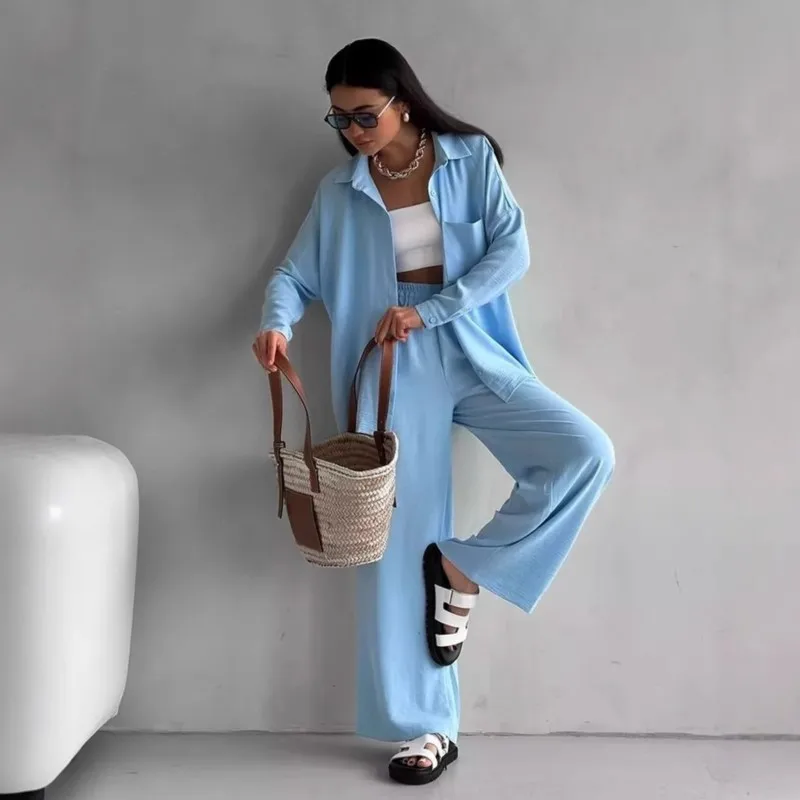 

2 pieces shirt set for woman Casual Spring Pants Crop Top Button Front Trousers Solid Color Relaxed Fit Long Pants Black Wide