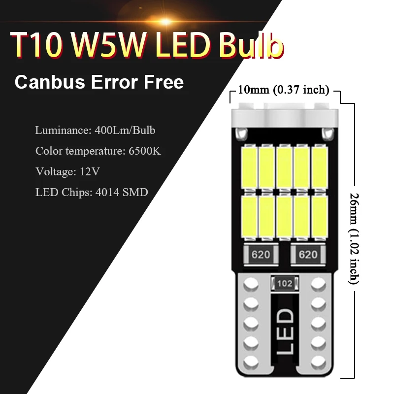 10 PCS T10 W5W LED Bulbs Canbus 12V 26SMD 7000K White Car Interior Dome Reading Door Map Trunk License Plate Wedge Side Lights