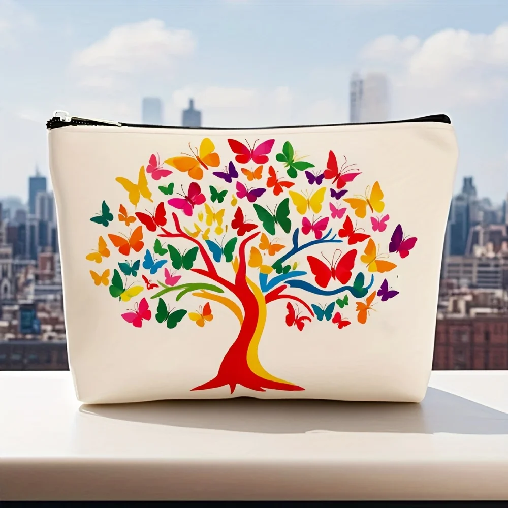 Eine Make-up-Tasche mit Regenbogenbaum-Schmetterlingsdruck – multifunktionale Reißverschlusstasche, Schmuckaufbewahrungstasche