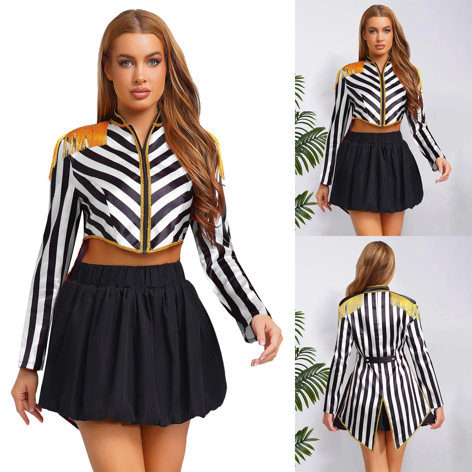

Halloween Ringmaster Magician Performance Tailcoat Women Long Sleeve Striped Tassel Boards Jacket Coat for Carnival Party Outfit