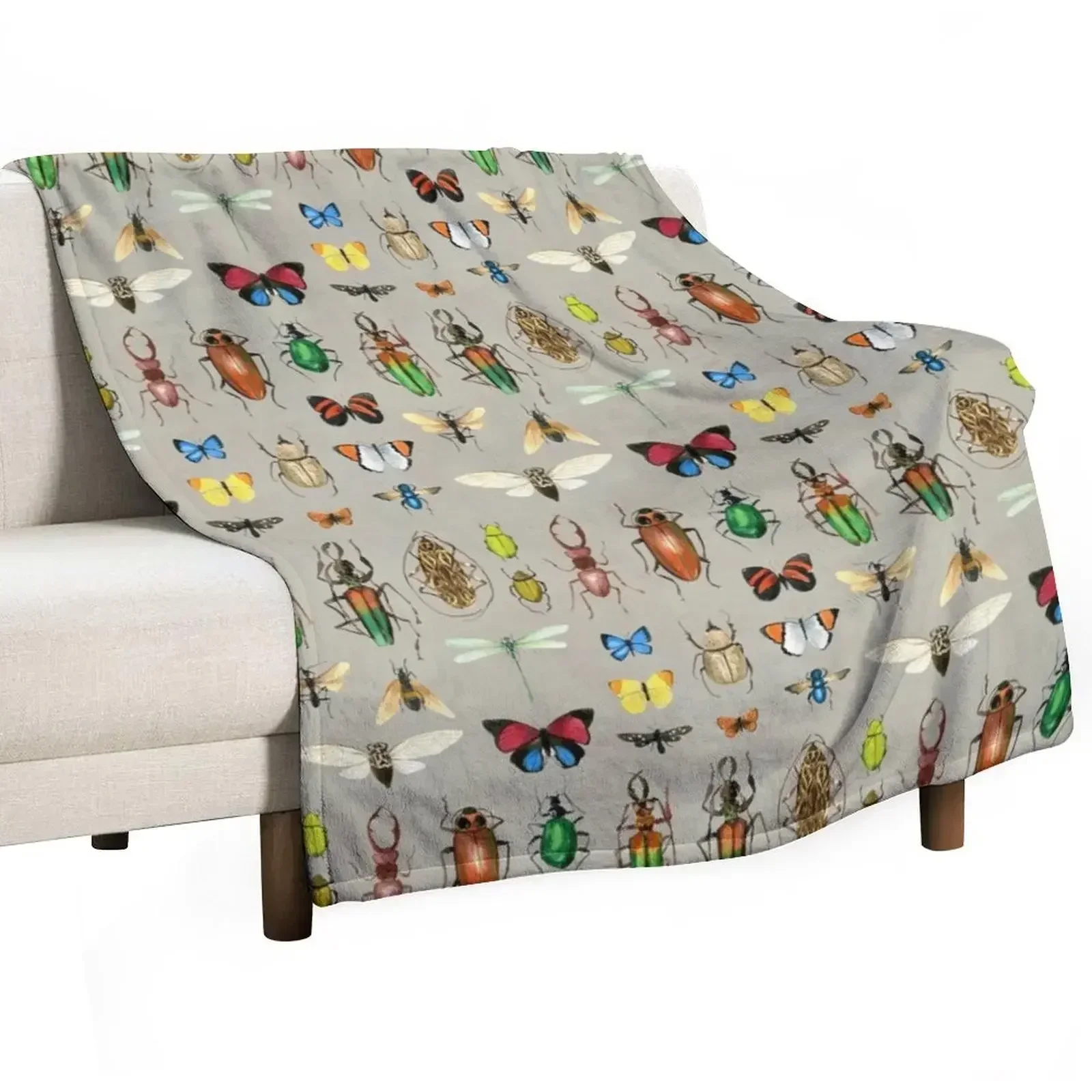 The Usual Suspects - Insects on grey - watercolour bugs pattern by Cecca Designs Throw Blanket Hair for winter Blankets