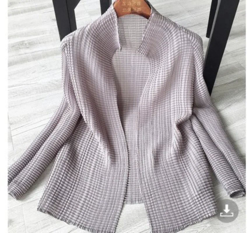 Pleated Unbuttoned Cardigan Short Jacket Summer Round Neck Loose Casual Jacket Women Long Sleeve Sunscreen Coat for Women