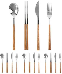 16piece Imitation Wooden Cutlery Set Korean Food Knife fork Spoon Chopsticks Wood Dinnerware Sets Tableware  Cutleries