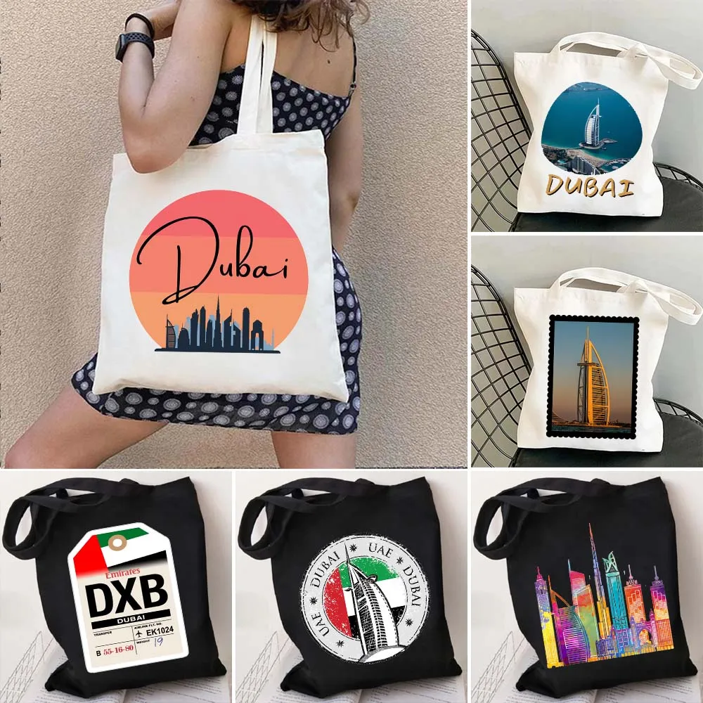 UAE City Dubai United Arab Emirates BOARDING PASS Burj Khalifa Women's Canvas Shopper Cotton Totes Bag Shopping Shoulder Handbag