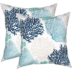 Summer Coastal Throw Pillows 18x18 Inch Set of 2 Coral Branch Ocean Themed Decorative Pillow Cases Square Pillowcases Decor Gift