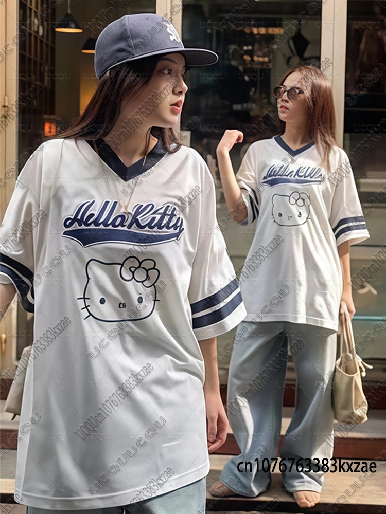 

Y2K Hello Kitty футболки для пар с мультяшным принтом для женщин и мужчин с v-образным вырезом и короткими рукавами, сетчатый спортивный футбольный трикотаж Y2K, топы большого размера