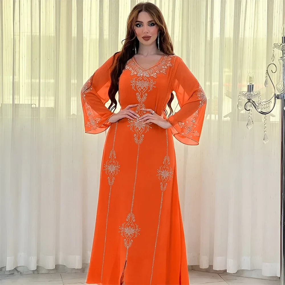 ผู้หญิงมุสลิมชีฟองเพชรชุด Eid Mubarak ดูไบ Abaya ตุรกี Kaftan อิสลาม Jalabiya Saudi อาหรับ Robe Ramadan ชุด