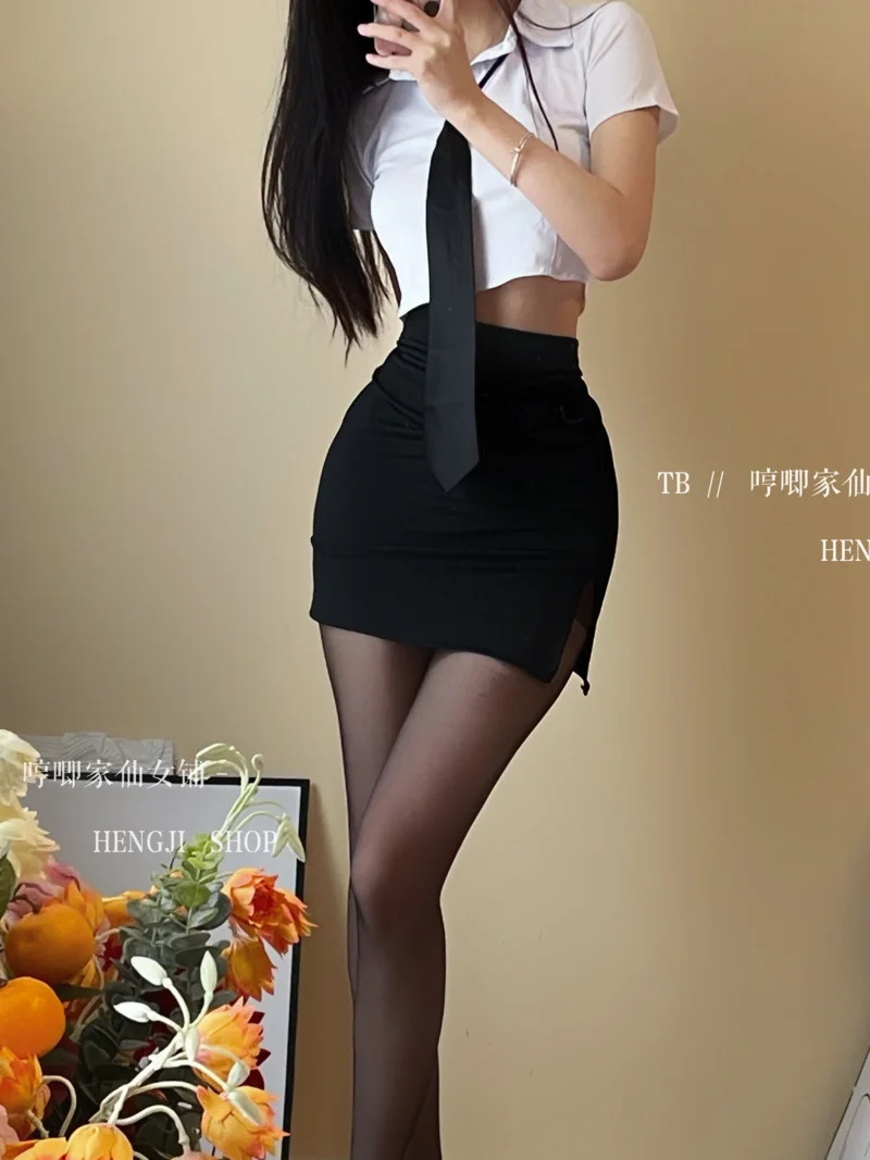 Women's Secretary Summer Uniform Temptation Role Play Teacher Shirt High Waist Wrapped Hip Short Skirt Flirting Sexy Set KPS5