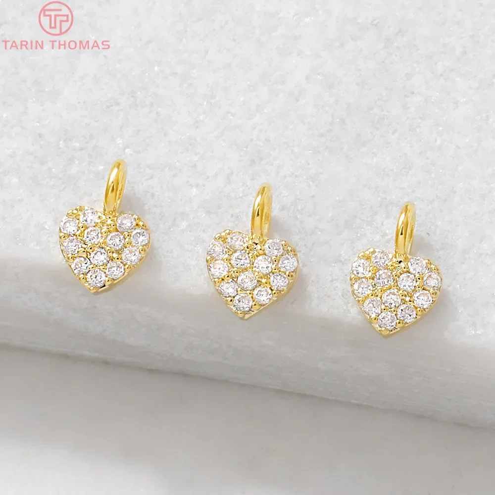 (688)4PCS 5x7MM Hole 2MM 24K Gold Color Plated Brass with Zircon Heart Charms Pendants High Quality Diy Jewelry Accessories