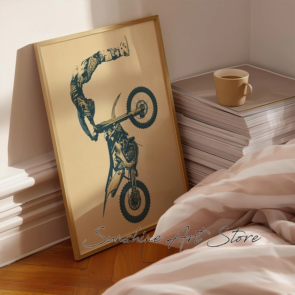 Motocross Stunt Wall Art Motocross Stunt Poster Dirt Bike Wall Art Extreme Sport Minimal Retro Motorcycle Poster Canvas Painting