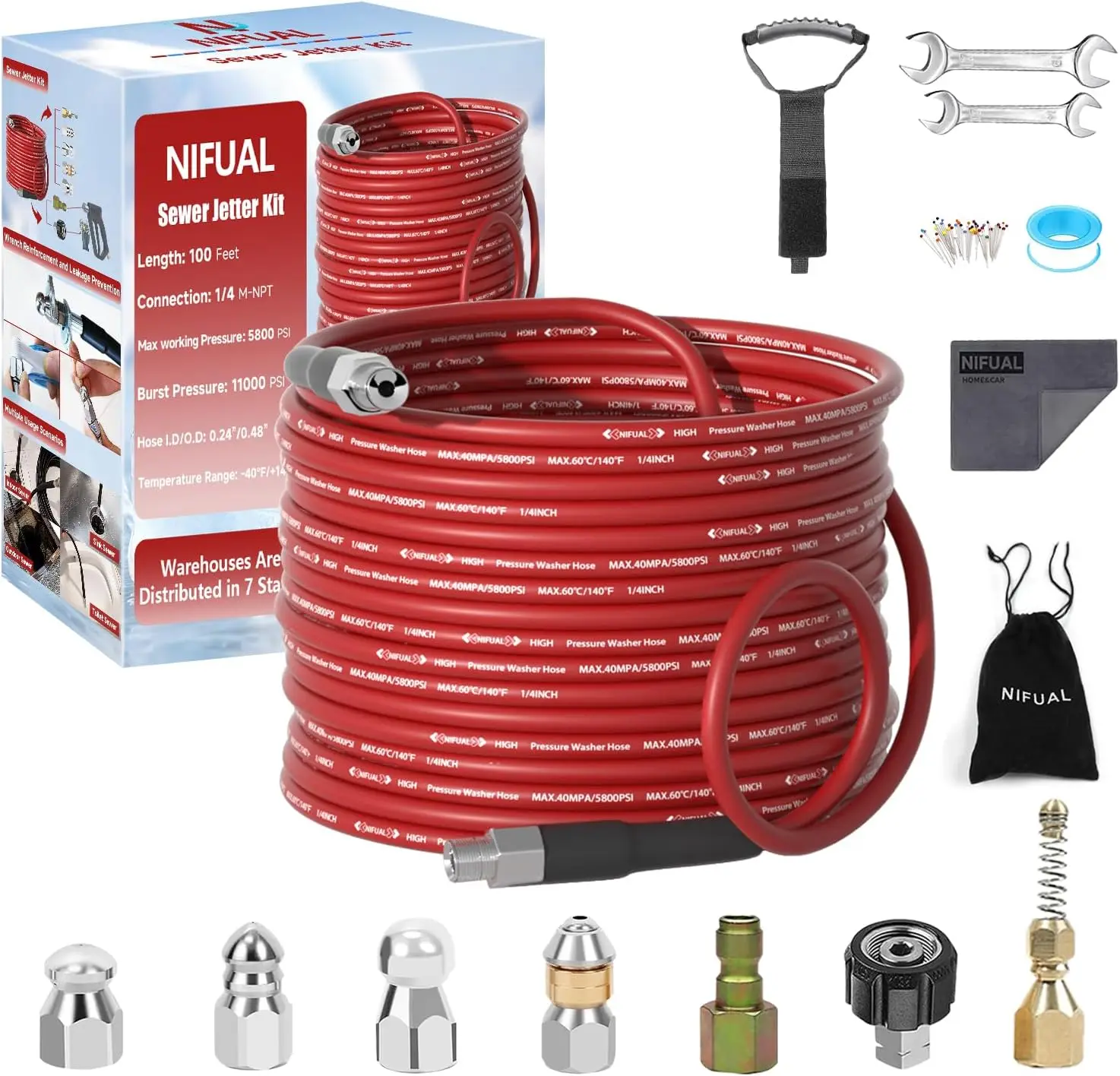 

5800PSI Sewer Jetter Kit with 100FT Hose, Rotating Nozzles & Tools for Home Drain Cleaning