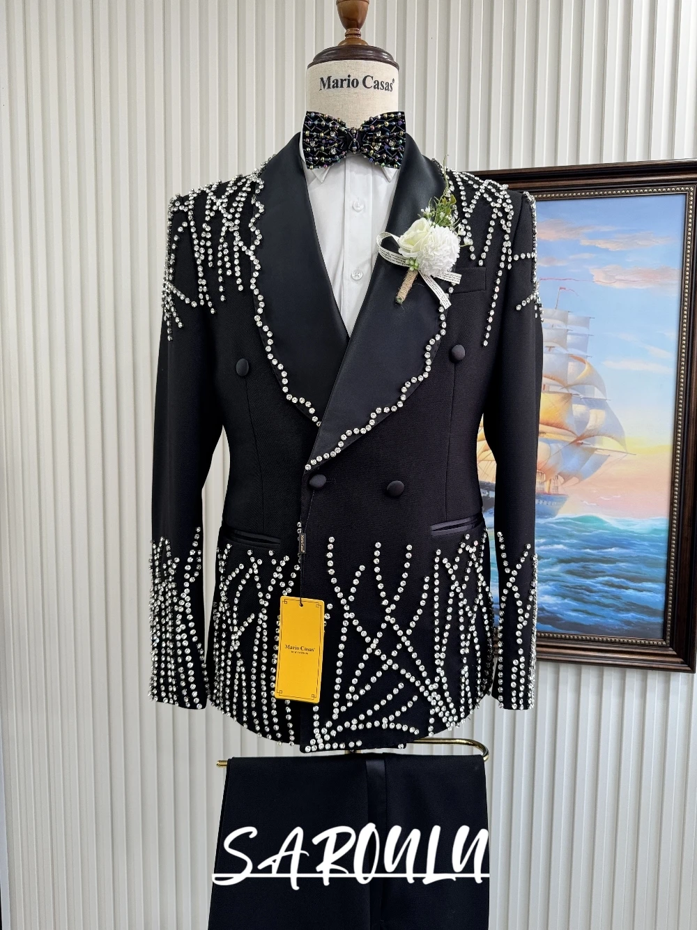 

Мужской костюм-двойка из серебристых страз с черным лацканом-шалью, смокинг для торжественных мероприятий, модный, элегантный, высококачественный наряд для жениха