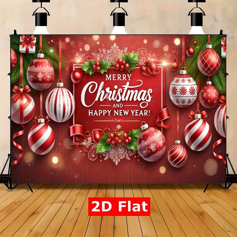 2D flacher 1-teiliger Polyester-Hintergrundstoff für Weihnachts- und Neujahrspartys, mit roten Dekorationen und Weihnachtsschmuck