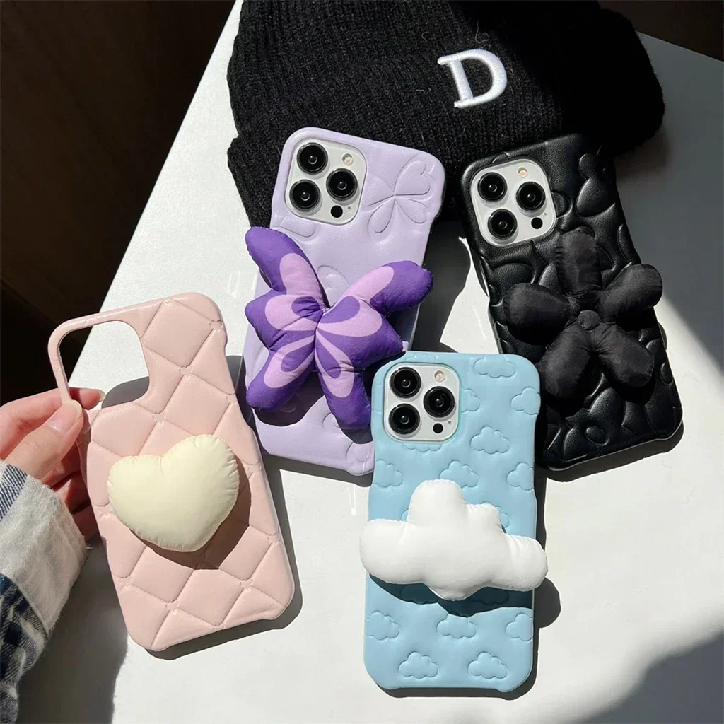 Imitation Leather Butterfly White Cloud Flower Love Heart Cover Case For iPhone 15 14 13 12 Pro Max Shockproof Phone Case