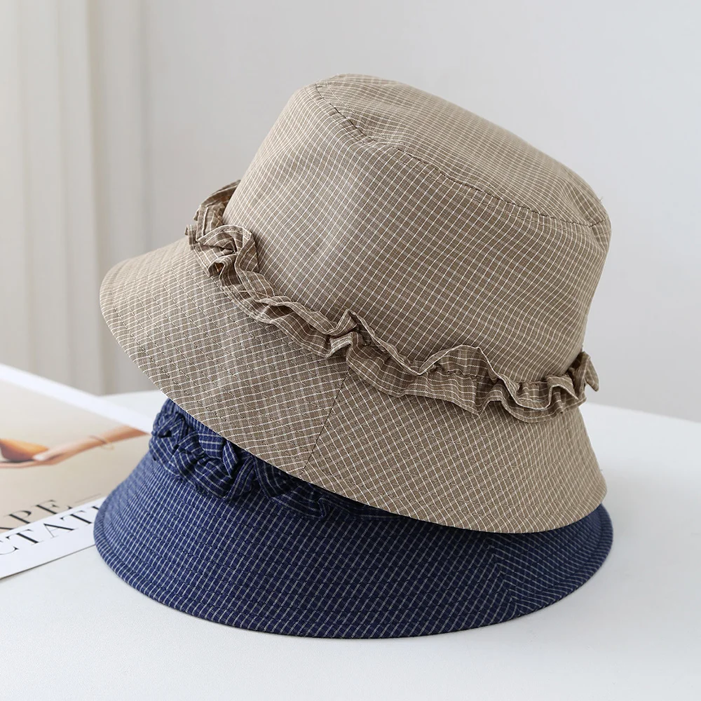 Women's Plaid Bucket Hat with Ruffle Windproof Versatile Spring Summer Fisherman Hat Sweet Sun Protection Pot Hats ﻿