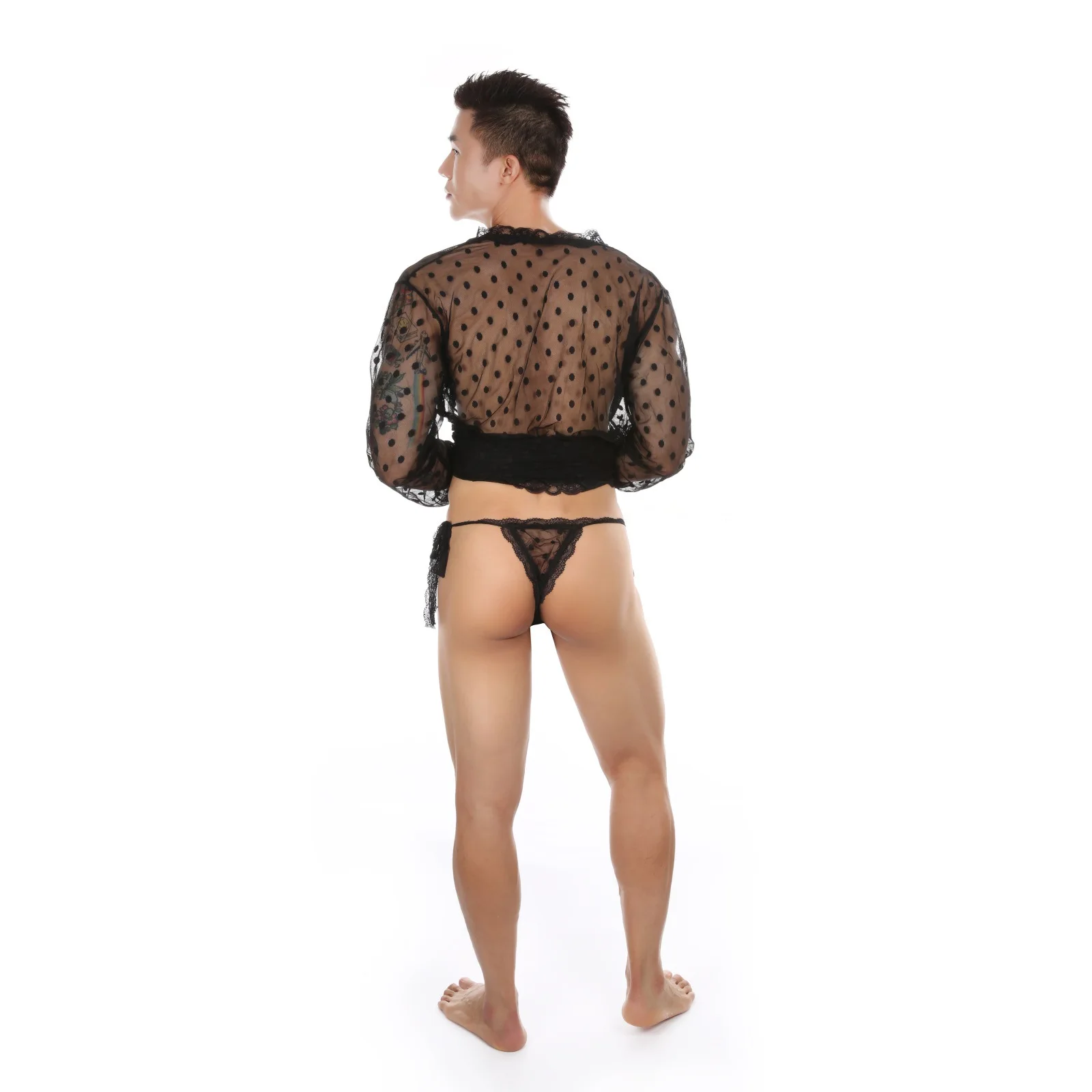 Men Thong Men's Sexy Underwear U-bag Cuecas Gay Underwear Polka-dot Kimono Long Lace Bathrobe Transparent Slit Man 2-Piece Set