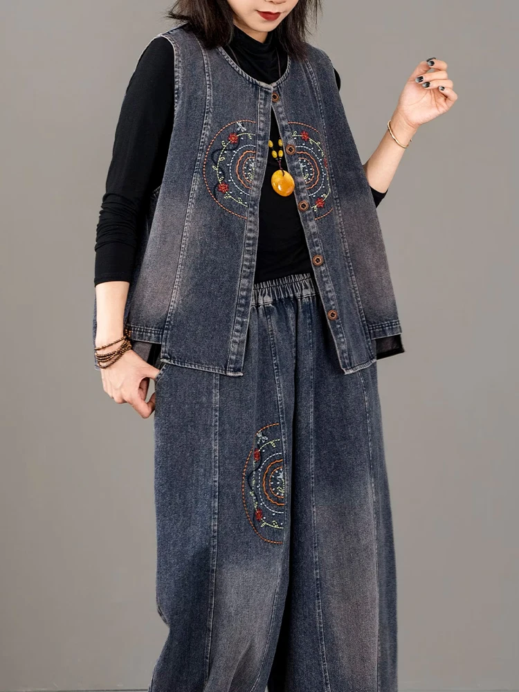 Max LuLu Autumn Outfits Womens Fashion Denim 2 Pieces Sets Embroidery Suits Loose Classic Vest Coats Vintage Jeans Casual Pants