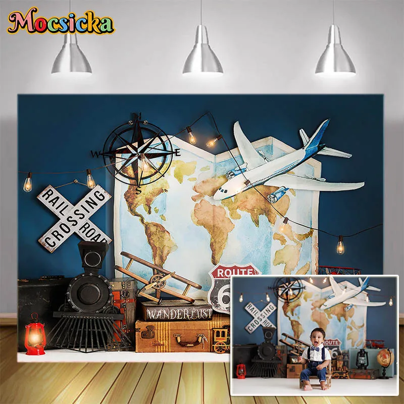 

Mocsicka Travel Wonderlust Cake Smash Photography Backdrops Airplanes World Map Kids Portrait Photo Backgrounds Studio Props