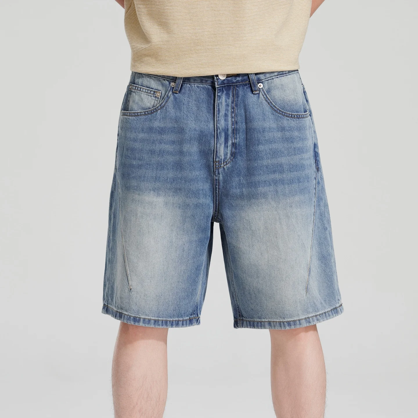 

2026 summer brand retro vintage split line men's straight loose denim shorts wear-resistant denim knee length mid waist jeans