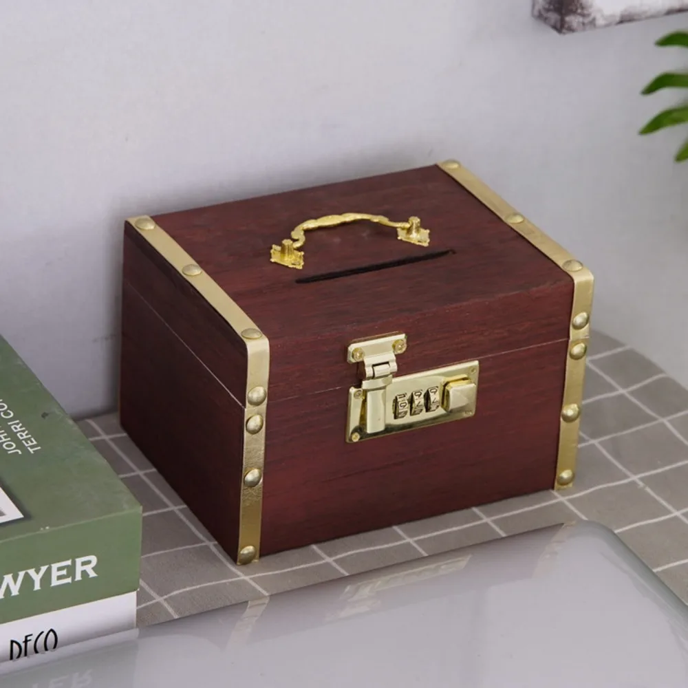 Vintage Style Treasure Storage Box Money Jar Safe Box Wooden Treasure Chest Box with Combination Lock Piggy Bank Organizer