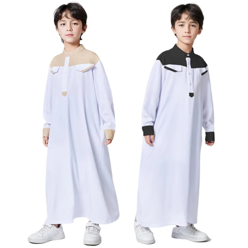 

2024 Jubba Men Ramadan Boys Middle East Islam Long Sleeve Arab Dubai Saudi Robe Muslim Casual Kids Thobe Abaya Islamic Clothing