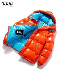 Fashion Mens Winter Mixed Colors Thick Warm 90% White Duck Down Jacket Bright Pu Leather Overcoat Streetwear Hooded Outwear Coat