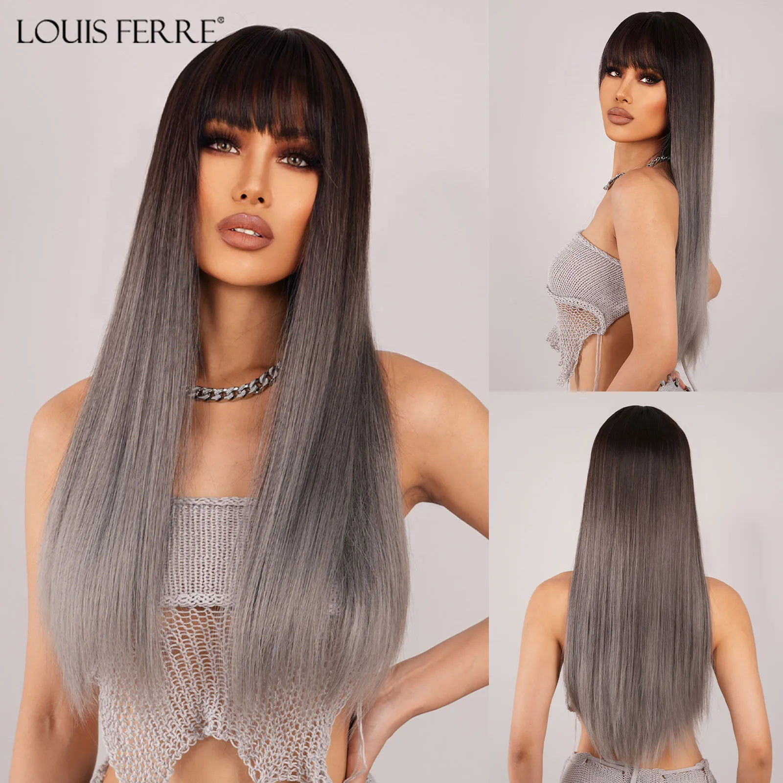 LOUIS FERRE Ombre Black Brown to Gray Synthetic Wig Long Straight Natural Hair Wigs for Women Daily Cosplay Fake Hair With Bangs