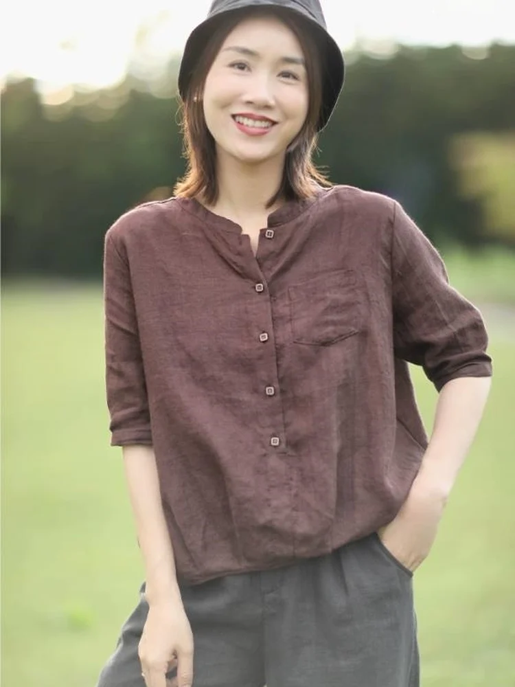 

Retro Minimalist Luxury High-End Flax Art Casual Loose Fit Collared Cotton Linen Short Sleeve Shirt Summer Women's Fashion