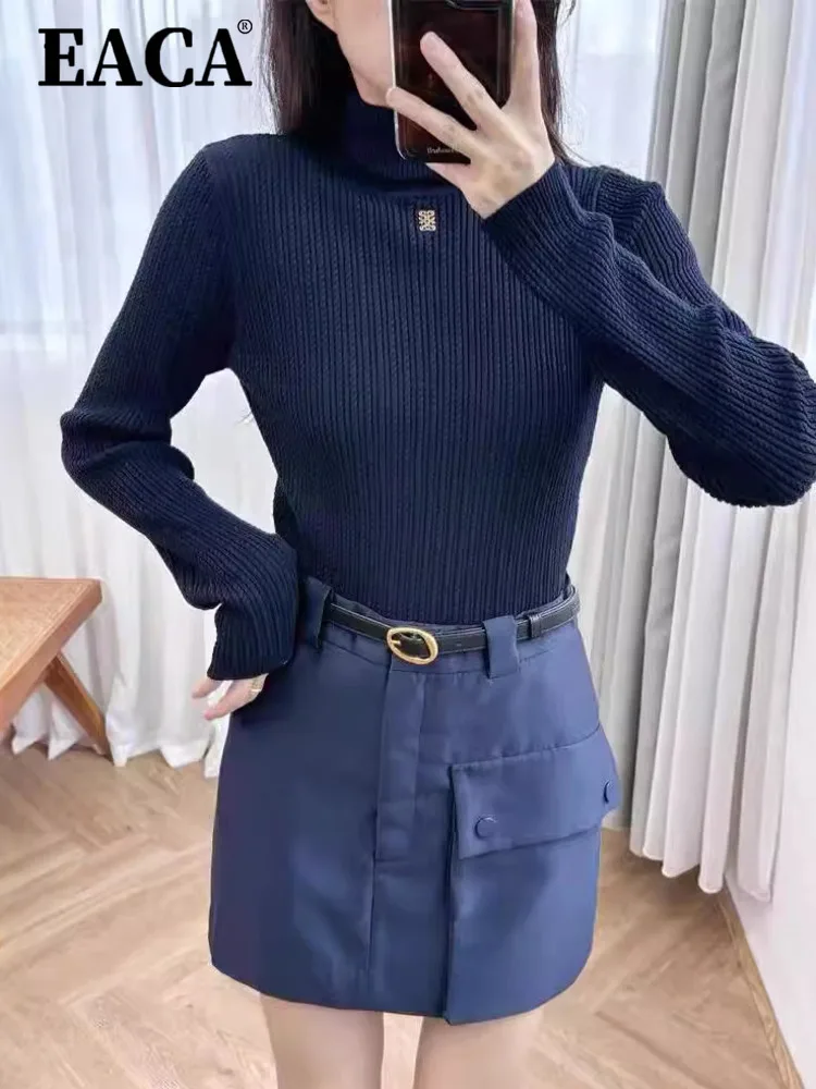 

EACA Temperament Solid Color 2024 Autumn New French Simple Solid Color Repair Height Collar Bottom Knitted Shirt For Women