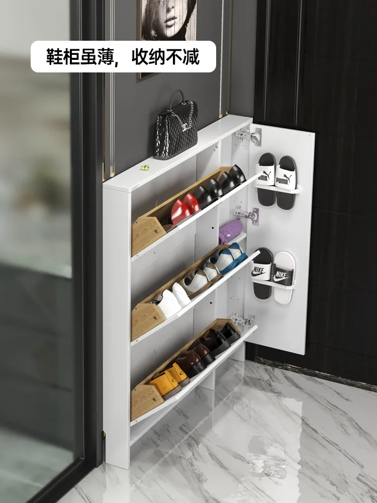 Entry door shoe cabinet living room ultra-thin 13CM solid wood tipping bucket entry home shoe cabinet extremely narrow
