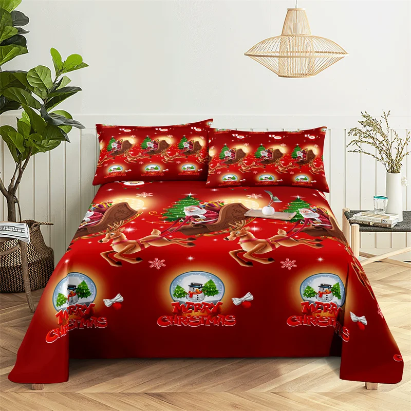 Christmas 0.9/1.2/1.5/1.8/2.0m Digital Printing Polyester Bed Flat Sheet With Pillowcase Print Bedding Set