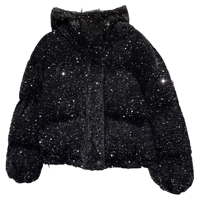 2025 겨울 신상 패셔너블 헤비 시퀸 따뜻한 후드 패딩 재킷, 면 코트 트렌디, 여성용 레드 아우터웨어