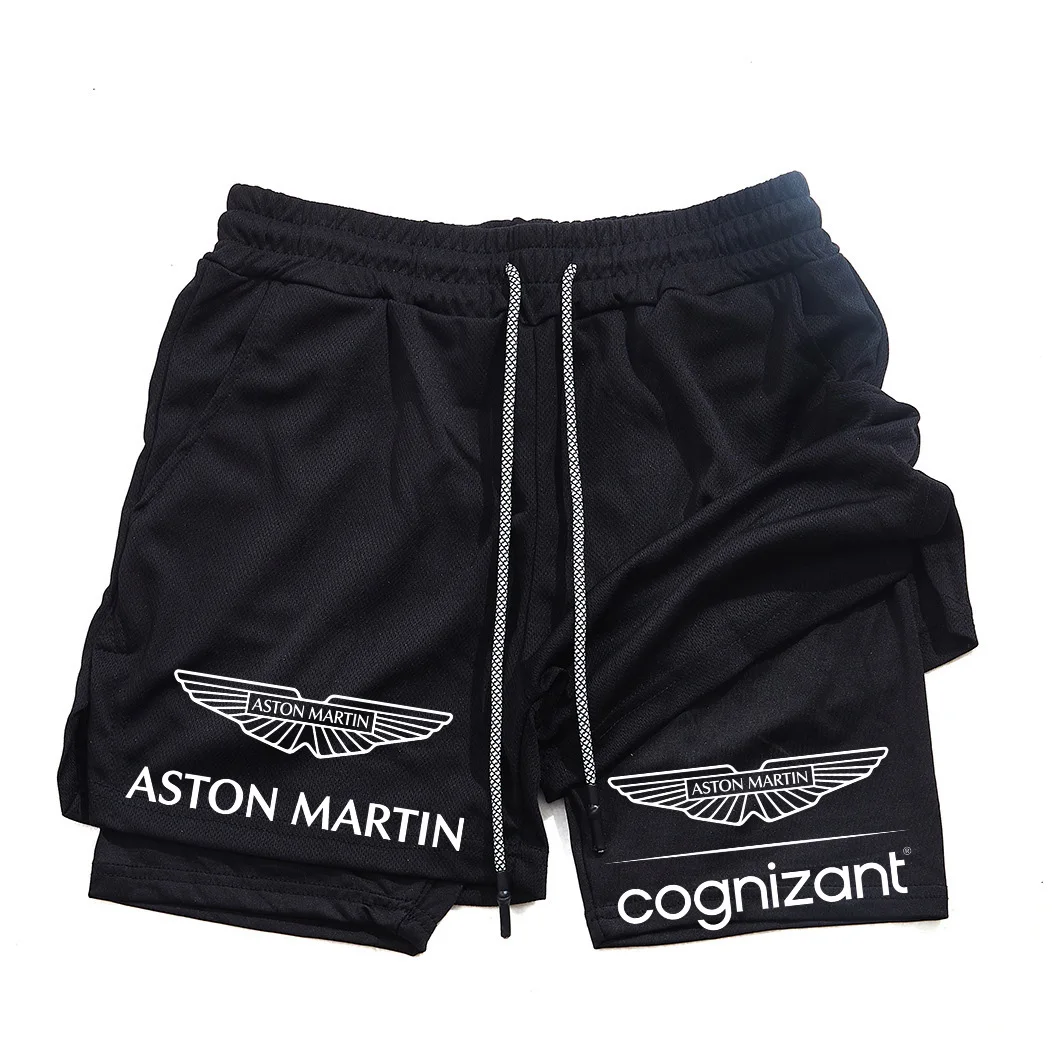 Nuevos pantalones cortos deportivos de doble capa Aston Martin para hombre y mujer, pantalones cortos deportivos con estampado a la moda, pantalones cortos de natación con ventilación, pantalones cortos de ocio