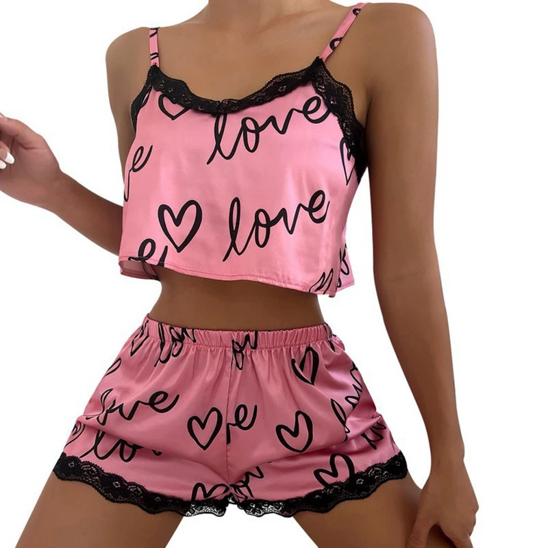Women's 2-Piece Loungewear Set with Love & Heart Print and Lace Trim - Cute & Comfy, Perfect for Sleepwear