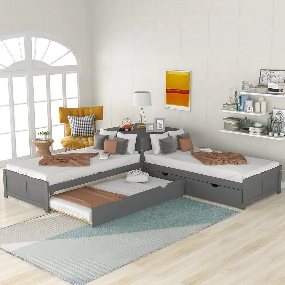 Gray L-Shaped Platform Bed Frame with Trundle and Drawers Linked with Built-in Desk for Kids Boys Girls, Twin