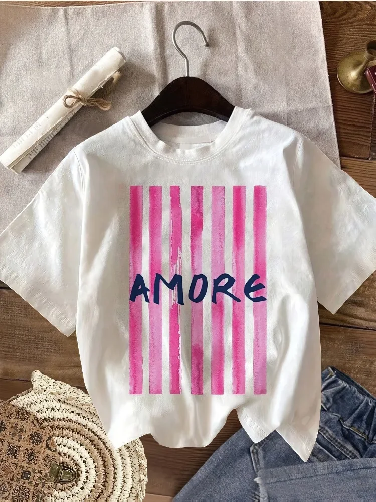 Camiseta informal de manga corta para mujer con letras AMORE y estampado de rayas rosas Top transpirable con cuello redondo