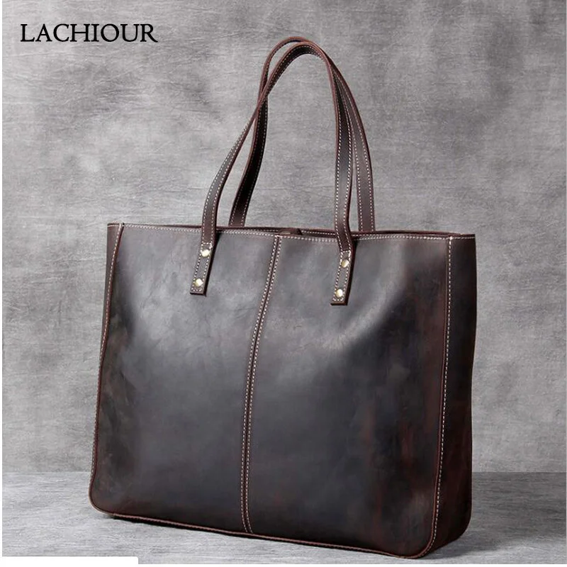 

Unisex Crazy Horse Leather Handbag Bag for Men Real Genuine Shoulder Male Large Business Briefcase Tote Boy