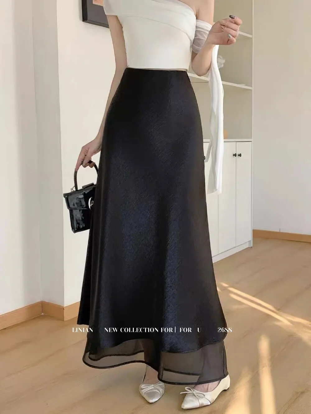 French Beige Black Satin Chiffon Double Midi Skirt High Waist Slim Mermaid A-line Skirt Elegant Office Lady Summer Flowy Skirts