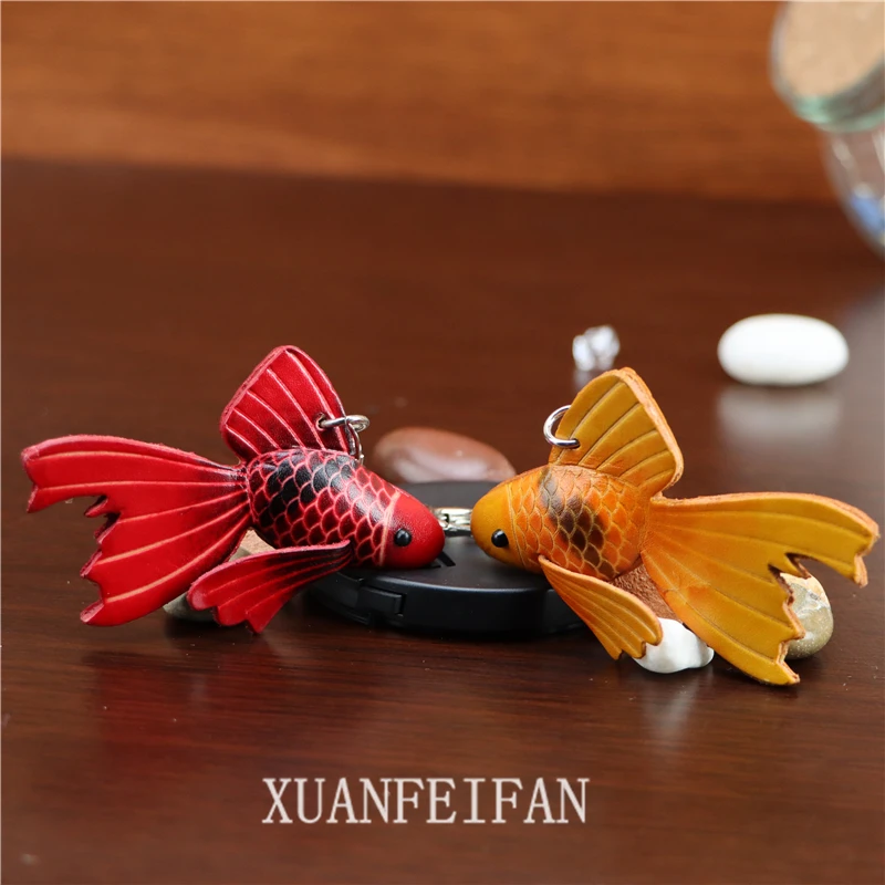 Cowhide Small Goldfish Bag Charm Keychain Pure Handmade Small Red Fish Small Yellow Fish Bag Hanging Key Chain Koi