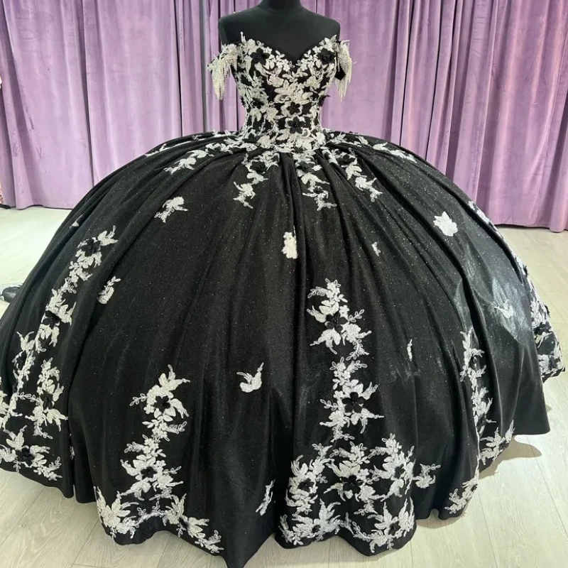 Real Picture Saudi Arabic Black Quinceaneera Dresses Lace Applique Beading Sleeve Ball Gown Sweet 16 15 Prom Party Gown Vestidos