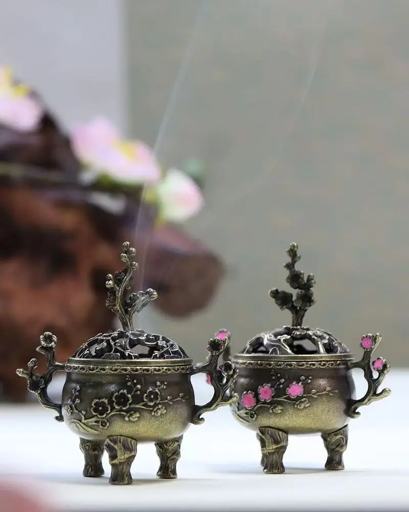 Mini brûleur d'encens porte-bonheur en forme de fleur de prunier, brûleur d'encens en métal en forme de lotus, bol porte-encens avec poignée, décoration pour la maison, yoga, méditation