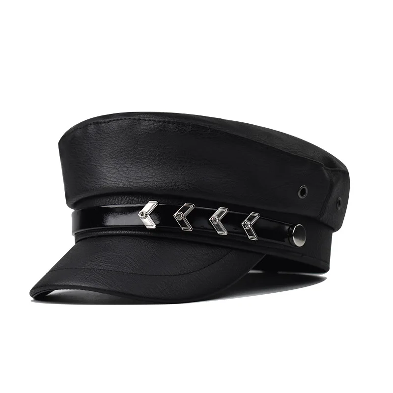 

Black Pu Leather Beret for Men and Women Versatile Belt Buckle Arrow Decoration Octagonal Hat Street Style Hip Hop Flat Top Hat