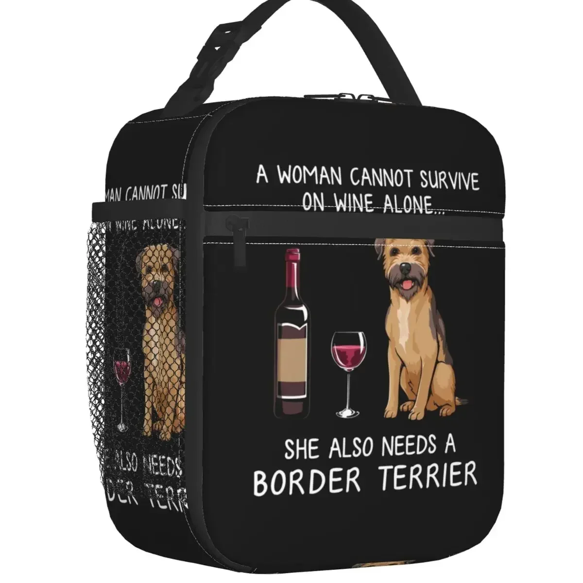 Border Terrier And Wine Funny Dog Thermal Insulated Lunch Bag Pet Puppy Lover Portable Lunch Tote for School Storage Food Box