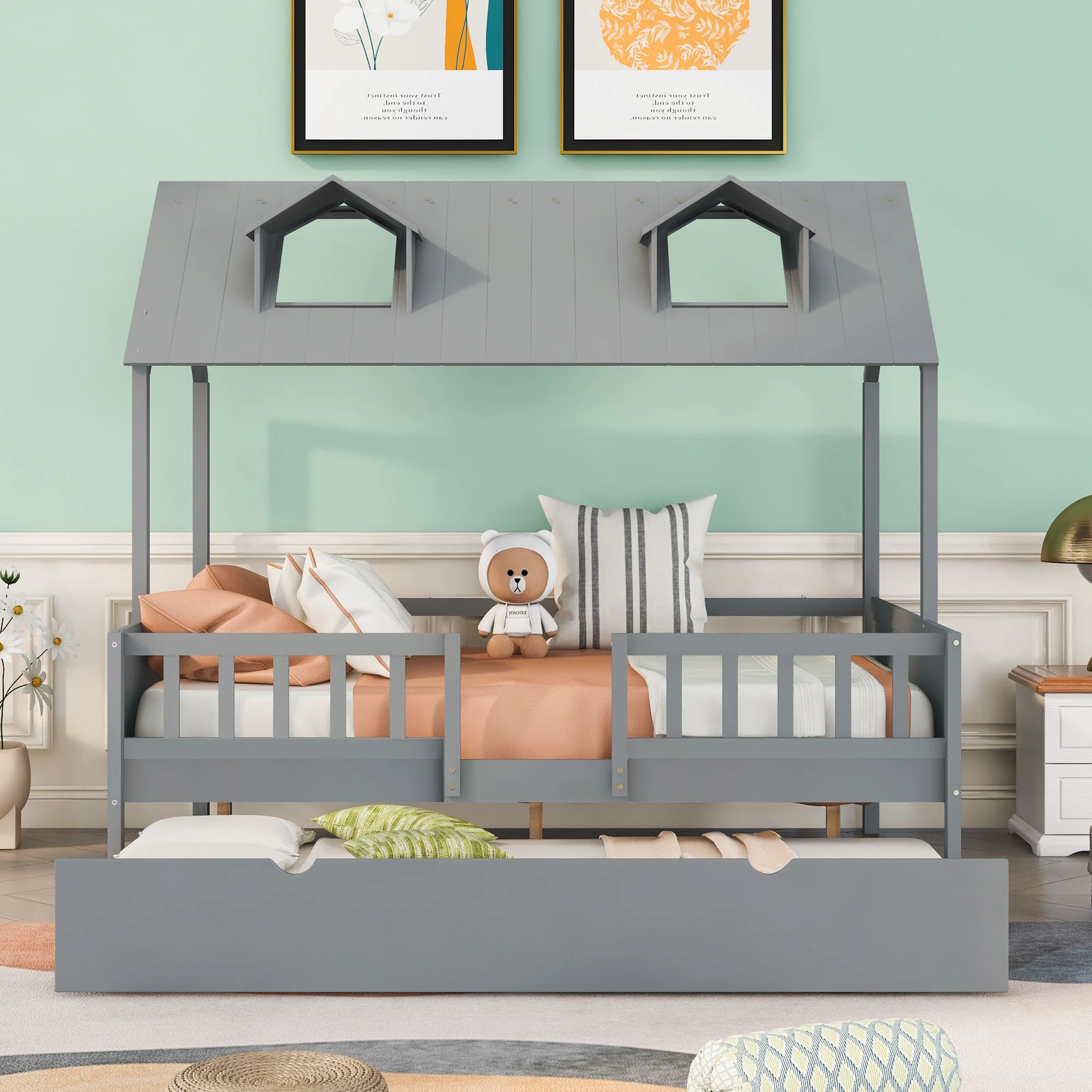 Twin Size House Bed Wood Bed with Two Drawers (Gray), Low Profile Rustic Style Bed with Storage Space