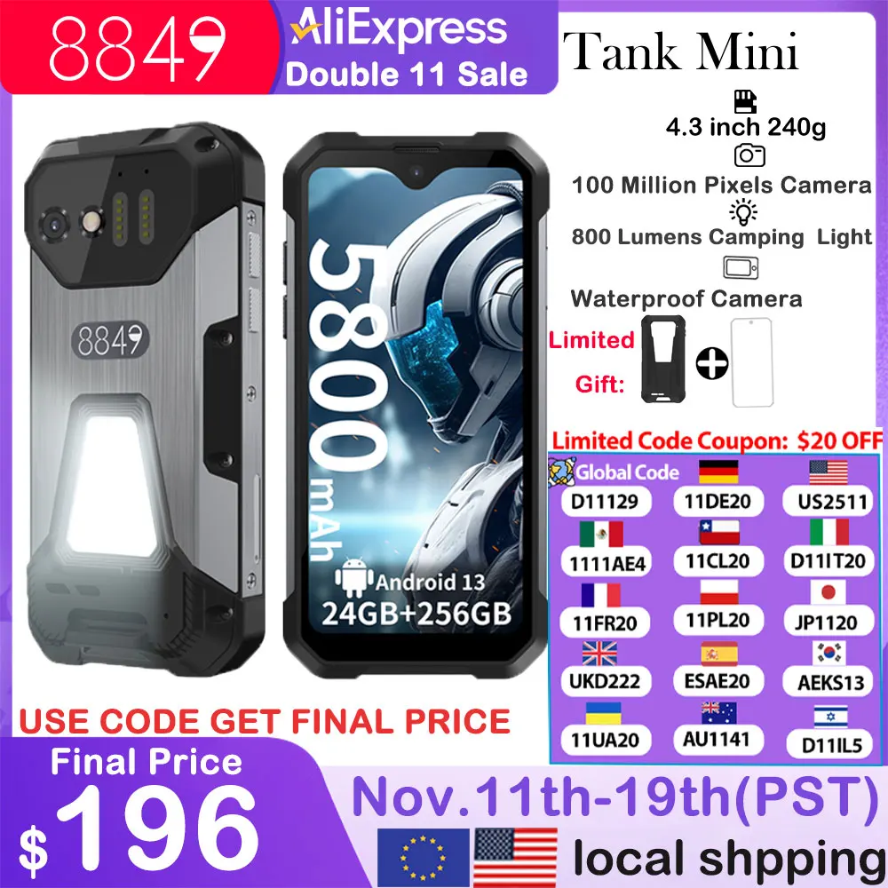 8849 Tank Mini Rugged Smartphone 16/24GB 256GB 5800mAh100Mp Camera Android 13 Cellphone 4.3 inch Waterproof Mobile Phone