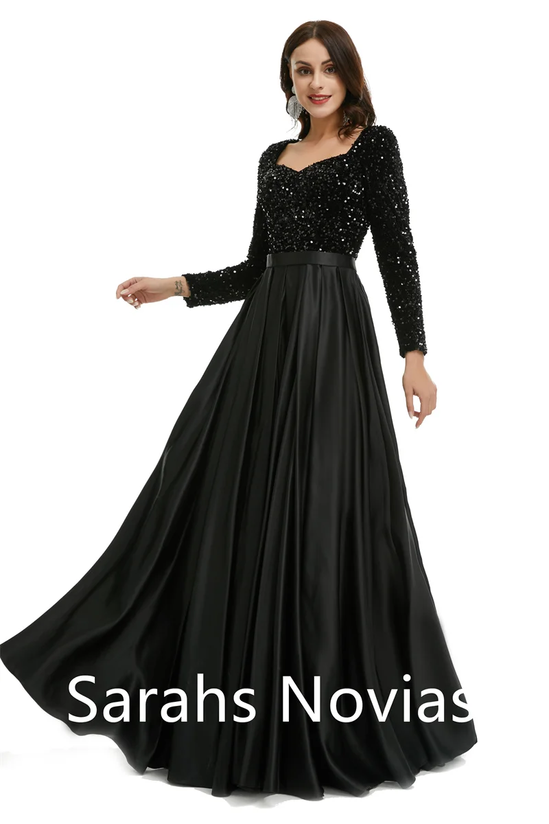 Black Sequins Long Modest Mother Of Bride Dresses With Long Sleeves  Sweetheart A-line Floor Length Satin Women Evening Party