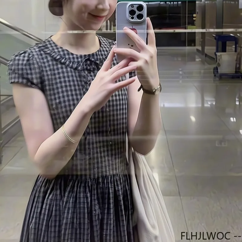Abiti vintage carini Donna Estate Manica corta Retro Mori Ragazze Vita sottile Stile coreano Abito camicia scozzese in cotone dal design giapponese